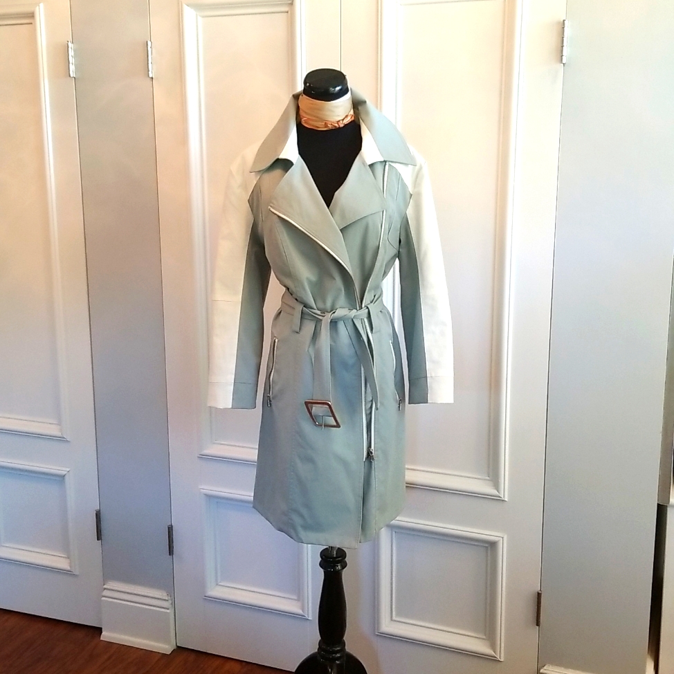 New York & Company Seafoam Blue & Ivory Zip Belted Rain Trench Coat Like New Xl